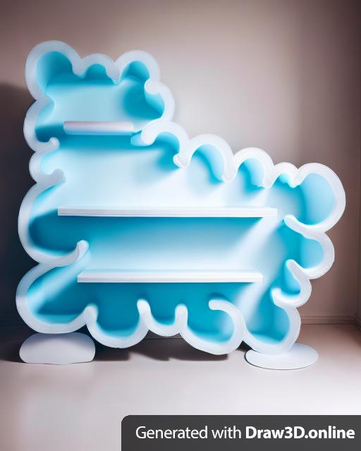 A lite blue and white bookshelf in the shape of a cloud and is fluffy