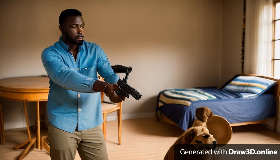 a Portrait of an African man holding a gun in front of another African man in a room