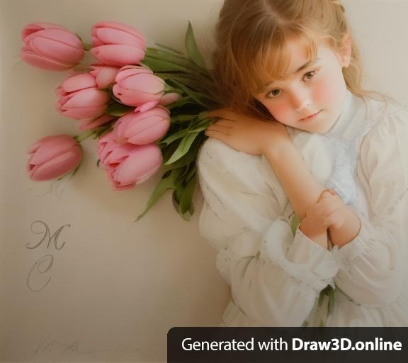 A portait of a young girl about 15 years old, holding a bunch of tulips, with a text "me" to the bottom left of the drawing and a signature below