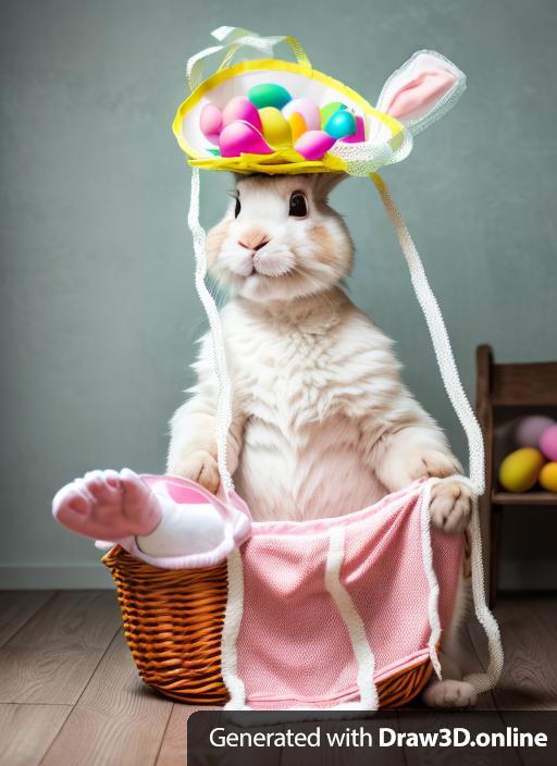 An Easter bunny with an Easter basket with a somewhat disappointed look