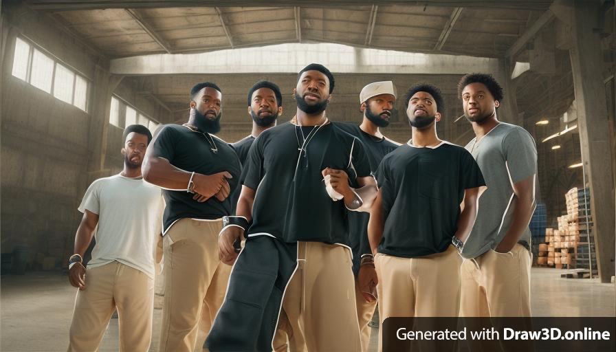 realistic unreal engine style image of a group of black men wearing shirts with beards standing in a warehouse
looking down