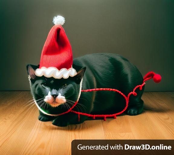 a half cat half pig in a christmas hat feeling festive with slanted eyes