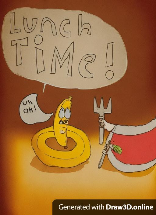 Frightened banana with speech bubble "Uh oh!" and man's hands holding knife and fork with speech bubble "Lunch time!"