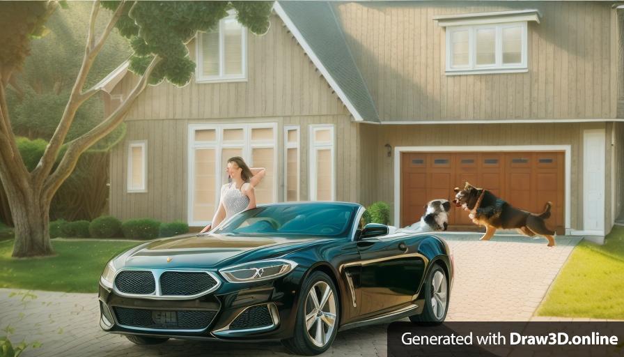 photorealistic foto of a woman and a dog in front of a house.