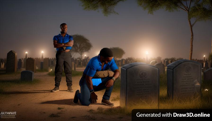 realistic unreal engine style image  aa African  man is kneeling in front of a graveyard wearing  a blue shirt and dark black jeans,  another African man stands  a short distance behind him  wearing blue overalls,  a lantern is on the floor ,tombstones are  the back ground ,on a dark night