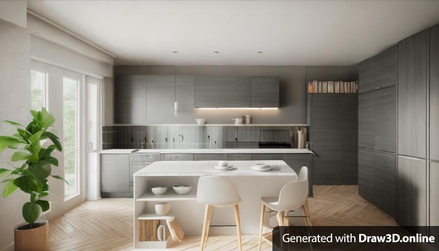 A 3d rendering of a kitchen and dining area