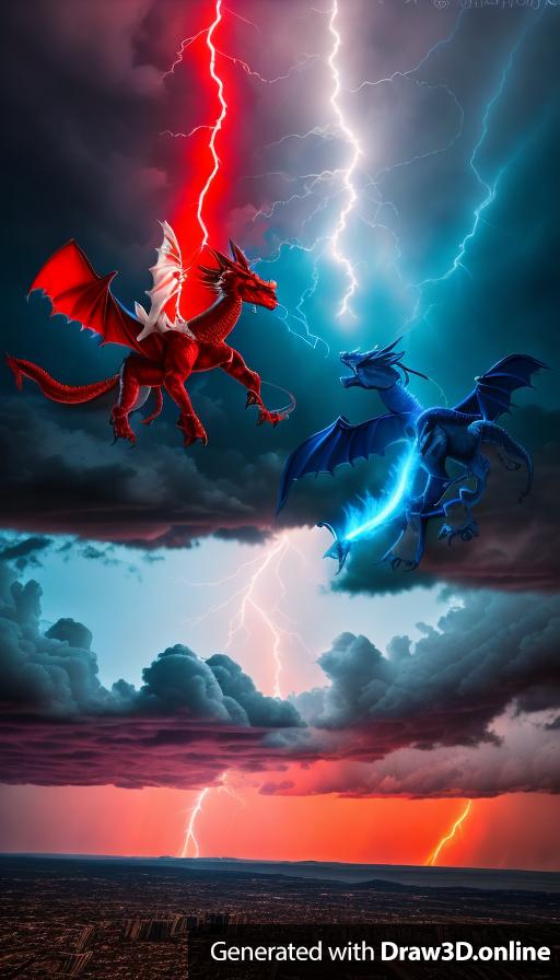 A red dragon on the left and blue dragon on the right fighting in the sky with lightening in the background