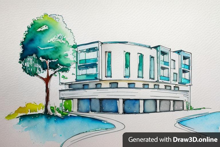 watercolors drawing of an architecture building, a large tree, in the vector style, simple design, with colorful brush strokes, and color paint splashes, in the clip art style, with white space around the drawing