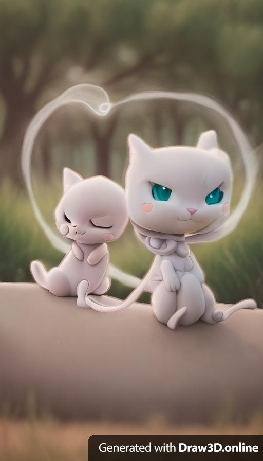 Cartoonish Mew and Mewtwo sitting next to each other in a field