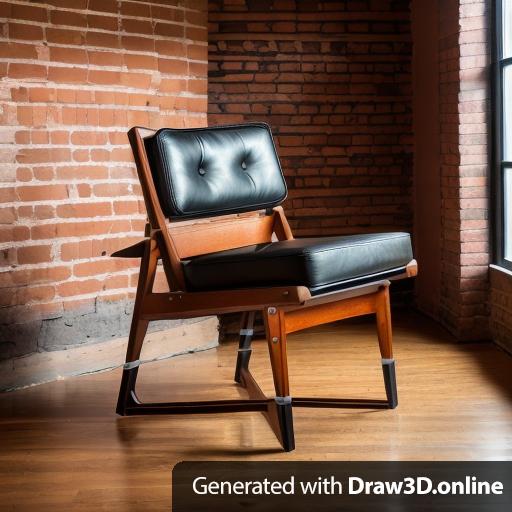 An angular, mid-century modern chair with mahogany wood and black leather.  Setting is a NYC loft apartment with exposed brick walls and large windows.