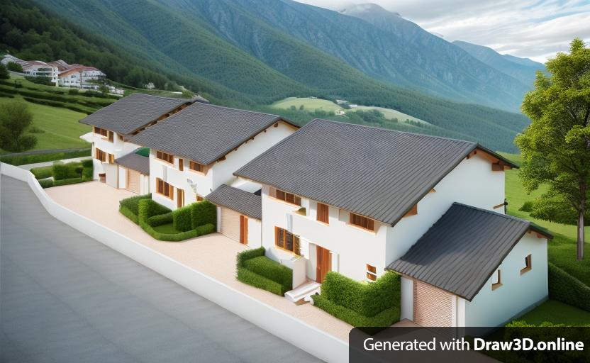 A rendering of a row of houses with the terrace above the garages instead of the roof, mountains in the background.