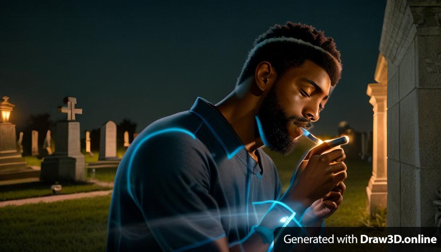 a realistic unreal engine style image at night  of a black man in a cemetery smoking a cigarette wearing a blue shirt,  with lanterns on the floor