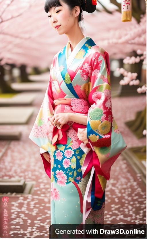 She is a woman in a kimono, elegant Japanese tradition, cherry blossoms in the background