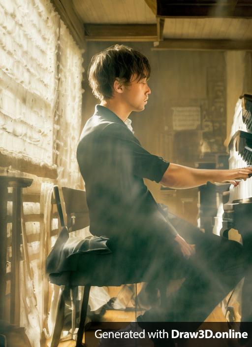 photograph of a passionate pianist side profile, immaculate dimly lit studio, clutching an ancient music score, strenuous piano keys of contrasting realism and impressionism with a touch of magical realism - the music notes seemingly coming to life around him. 'the symphony of time', arthub features, subtle details, worn-out corners of sweat