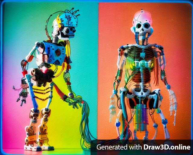 two robotic skeletons attached by colorful wires