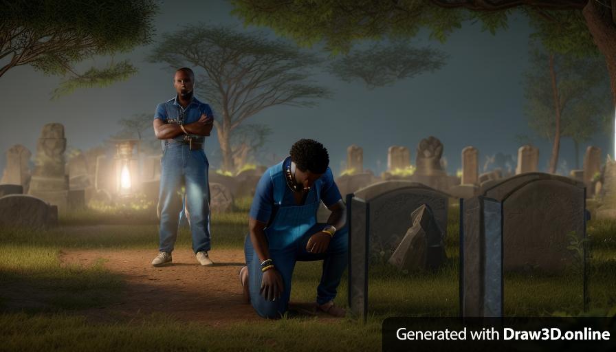 realistic unreal engine style image  aa African  man is kneeling in front of a graveyard wearing  a blue shirt and black jeans,  another African man stands  a short distance behind him  wearing blue overalls,  a lantern is on the floor ,tombstones are  the back ground ,on a dark night