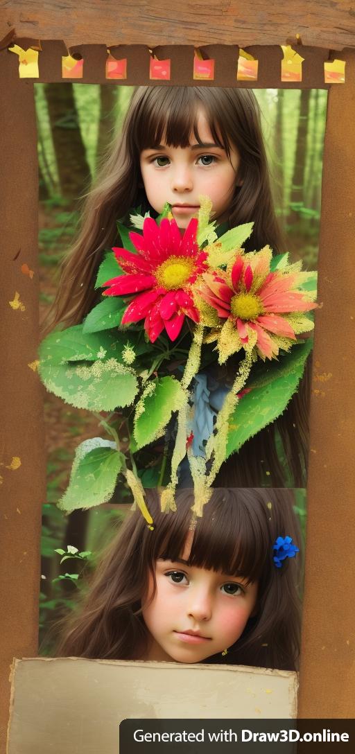 Keep the uploaded drawing  Put the flower from that in the hands a young French girl full color. Keep more of the original image, same colors flowers from the photo.  Left flower gold. Middle flower red. Right flower blue. The new result should have the same textures of the uploaded image.  Only one girl in a forest of flowers.  Girl sandy hair