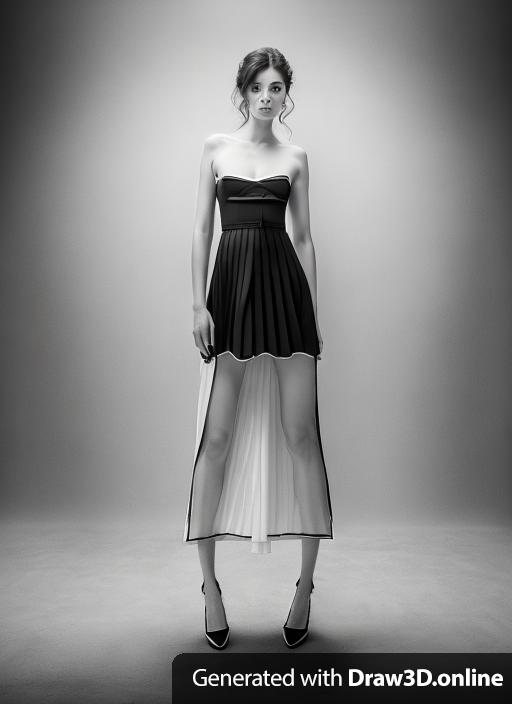A female model age 35 the 
Top have bow on the bust area then pleated top and skirt with front slit , black and white picture