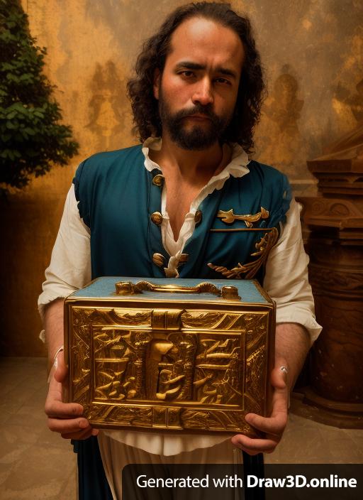 Jonald holding the chest of sorrow. Renaissance period sailor painting