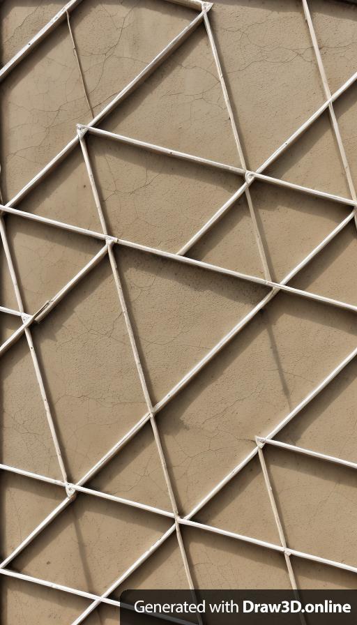 The white geometric lines are made out of large, rusty deteriorated, boat rope twine on a background of deteriorated cement with rust stains