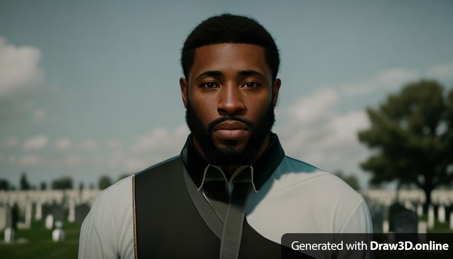 realistic unreal engine style image of a black man with a beard at a funeral 
cemetery in the background
looks sad