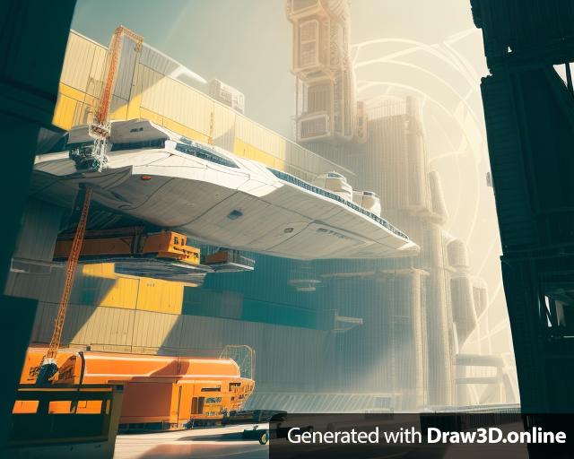 A spaceship is docked inside a building and placed on a lift. It is surrounded by giant machinery.