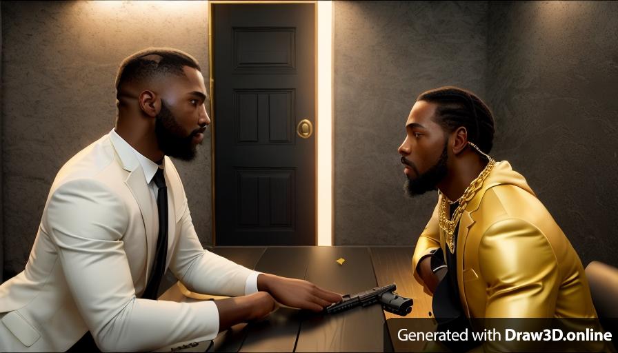 a realistic unreal engine style image of a black  man wearing a suit with a beard
giving a gun to young  black man with blond hair and a gold chain
in a dark room