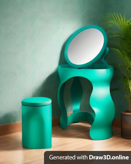 A primary blue and tubular vanity with a green circular mirror. A  green tubular stool is sitting near the vanity.