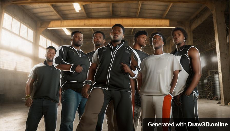 realistic unreal engine style image of a group of black men standing in a warehouse