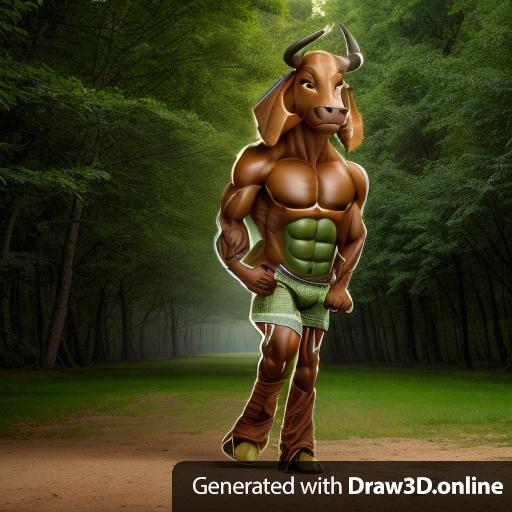 A humanoid brown colored bovine like creature is showing his muscles and is wearing green pants