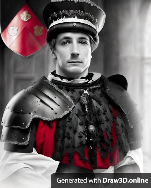 a complete portrait of a english man of the XIV century in armour, red surcoat with no moustache  and a black and white shield in the back