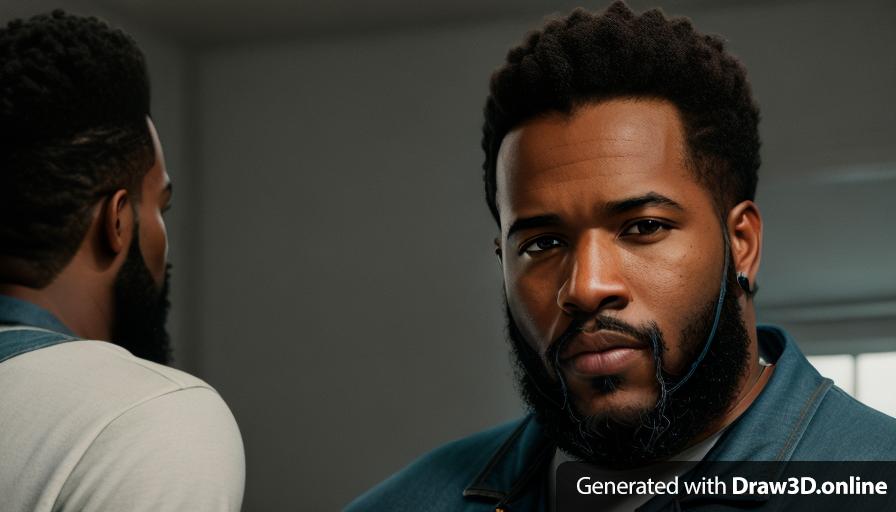 realistic unreal engine  style, image at night  of a black  man with a beard and a clean cut, wearing blue overalls looking sad , graves in the back ground