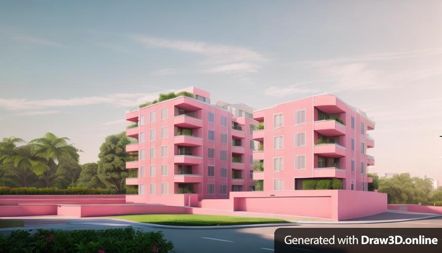 architectural render of a residential building in pink concrete, lits of people and plants, realistic, beaautiful, street-level vieww