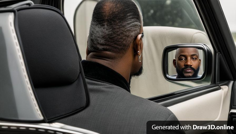 realistic image of  a 65 year bald black man wearing a black suit  with a beard, in a car looking at himself in the mirror