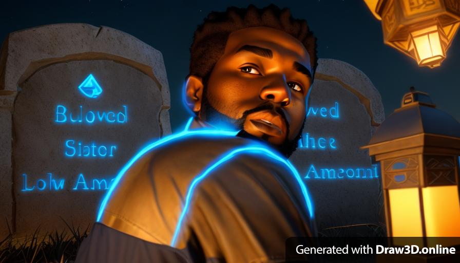 realistic unreal engine style, image at night lit by lanterns of a black man ,wearing an only blue shirt, in front of tombstone with a beard,  and a clean cut,
-remove blue glow lines