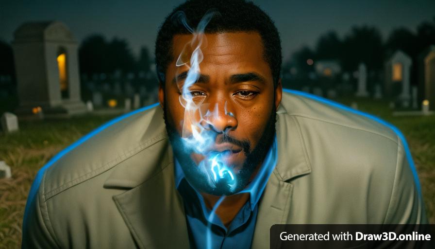 a realistic unreal engine style image close up  at night of a serious black man staring into the camera in a cemetery smoking a cigarette wearing a blue shirt,  with lanterns on the floor a man smoking a cigarette