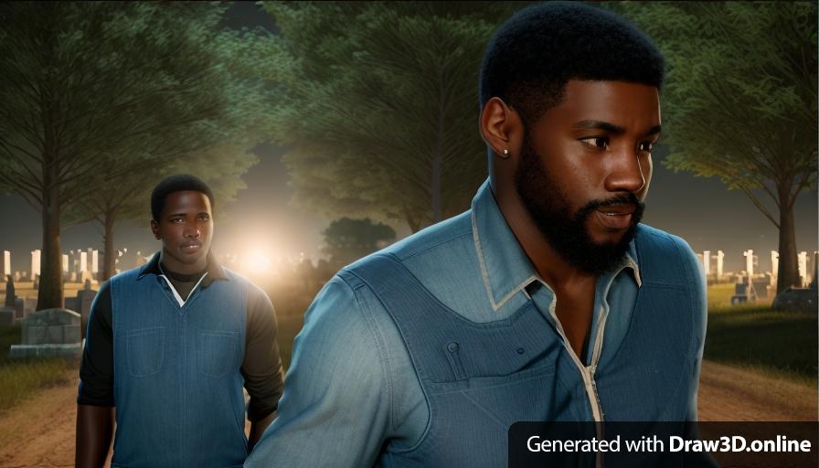 realistic unreal engine style image two black men wearing blue shirts standing next to each other 
the black man behind is wearing  overalls
at a cemetery
at night