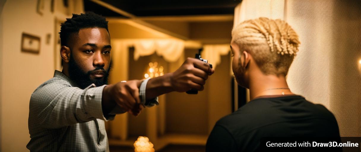 a black man with a beard is pointing a gun at another black man with blonde hair
in a dark room