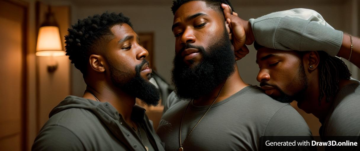 realistic unreal engine image of  two black men
one has short blonde hair  and a beard 
 another black man with a beard in a dark room