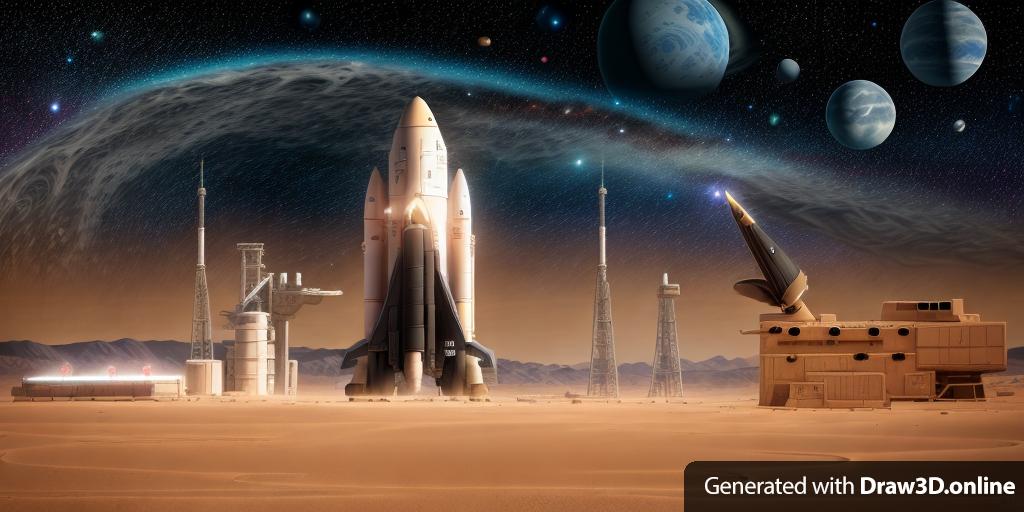 a manga style of dark space station with rocket and space shuttle and towers with starry night sky with huge ring planet in background and some sand dunes night time desert