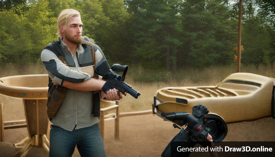 a realistic unreal engine style image, a man holding a gun in front of a another man with blonde hair,