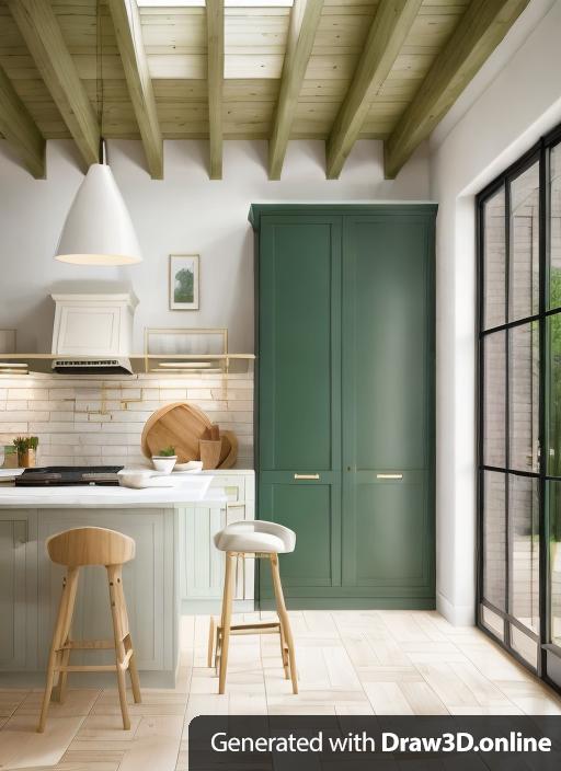 High-end kitchen, more light, Brick floor, p;aster walls dark green cabinets, luxury, british, glazed exterior doors on right-hand side with view to garden covering whole wall, cream walls, matching stools with wood legs, marble worktop and back splash