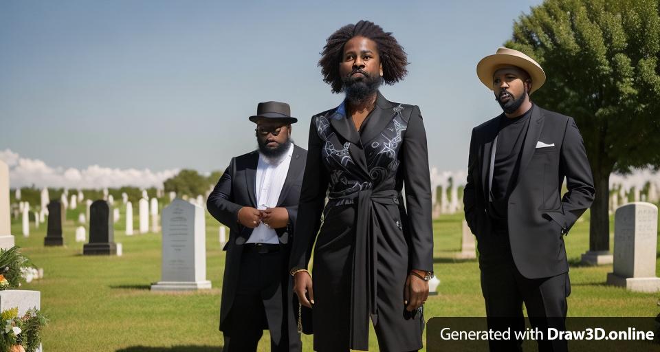 Three black people standing  AT A CEMETERY,
The black woman with short hair is in the middle , is dressed in only black, she does not have a beard 
The black man on the left is  56 year old man,  with a small goatee beard
The black man on the right has a beard 
day time, they are not wearing hats