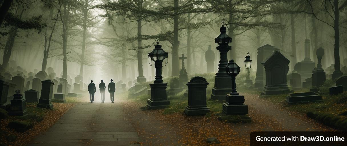 two men  is walking through a dark forest with tombstones with a lantern at night