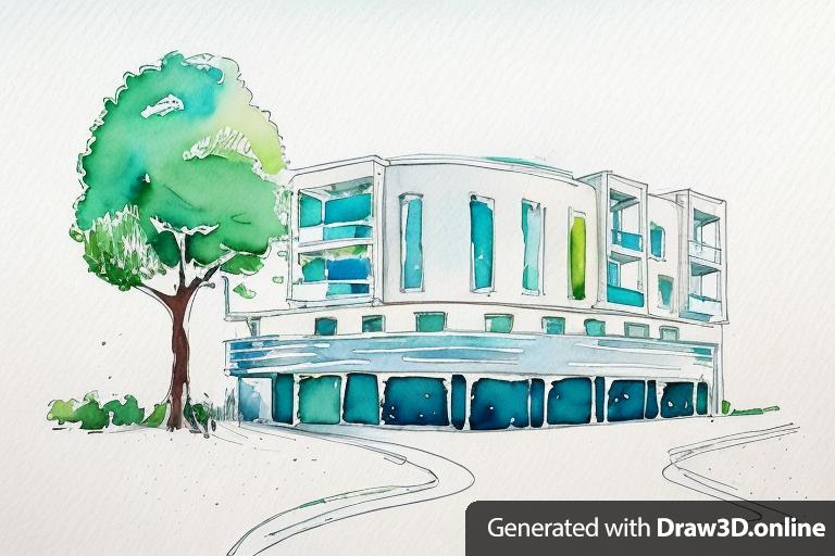watercolors drawing of an architecture building, a large tree, in the vector style, simple design, with colorful brush strokes, and colorful paint splashes, in the clip art style, with white space around the drawing, simple design