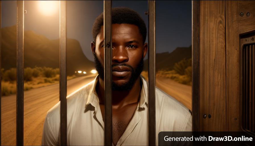 a realistic unreal engine style  African man behind a gate,  open road behind him at night