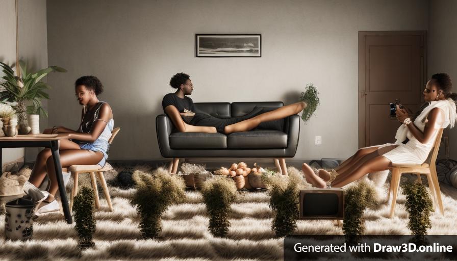 realistic unreal engine style image of a group of black people sitting in a living room