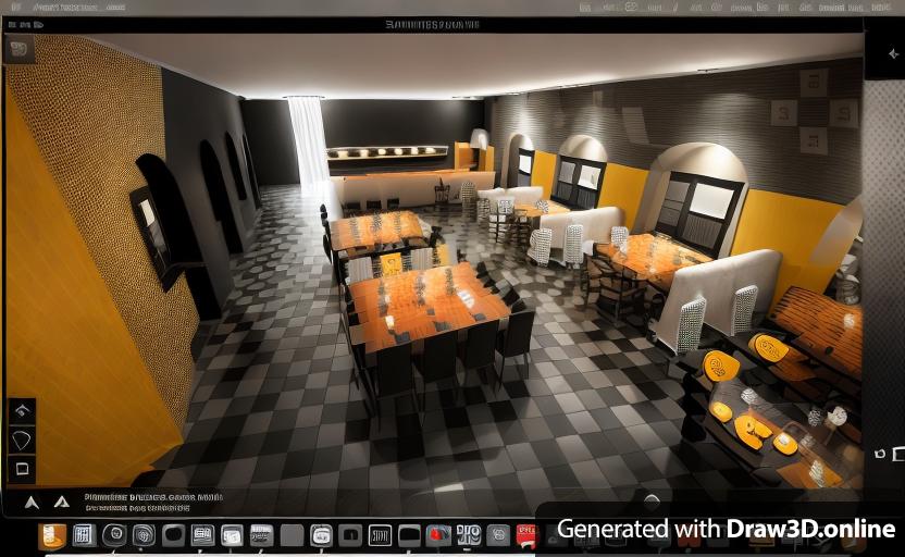 a 3d rendering of a theater bistro with black walls and chessboard floor