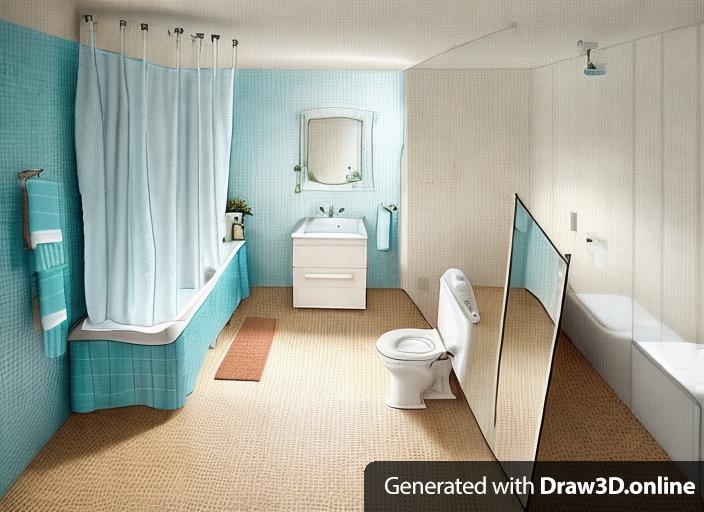 A photorealistic, high quality image of a bathroom. On the left there are two towel holders and a bath tub with a shower curtain. On the back there is a vanity with a sink and a mirror on top. On the right there is a toilet and a door. In the center there is a carpet.