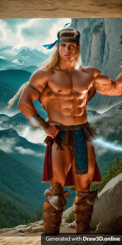 a portrait of a young muscular male fantasy warrior with a flattop haircut wearing a loincloth and a headband with mountains in the background and lightning in the sky